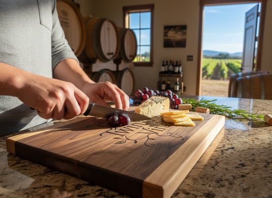 Handcrafted Wood Cutting Board Custom Engraved Personalized Kitchen Essential Solid Construction Premium Quality Two Tone Design Beautiful Serving Display Perfect Wedding Gift Anniversary Present Housewarming Essential Functional Food