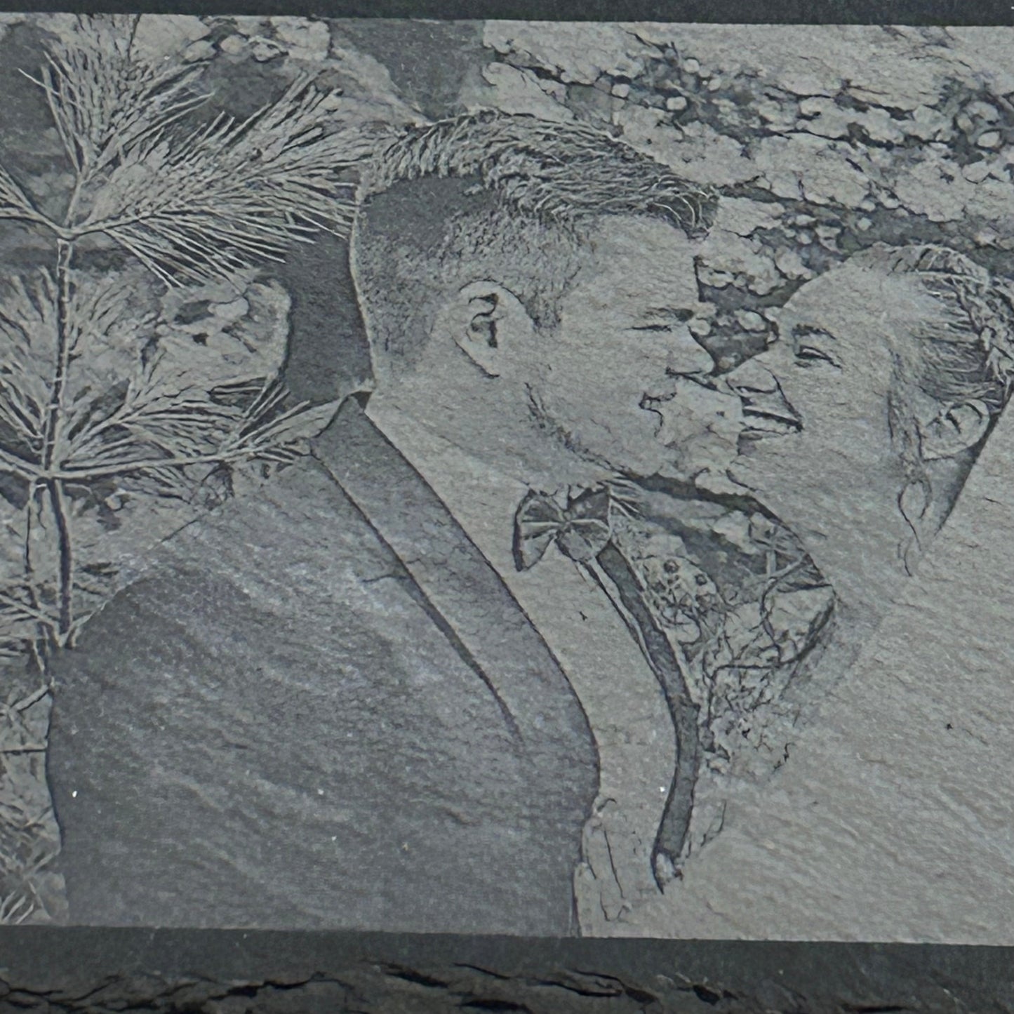 Home Display Wall Art Custom Photo Slate Laser Engraved Natural Stone 12x12 Inch Square Four Picture Collage Personalized Names Dates Anniversary Wedding Gift Family Keepsake Premium Quality Etching Permanent Memorial Unique Present
