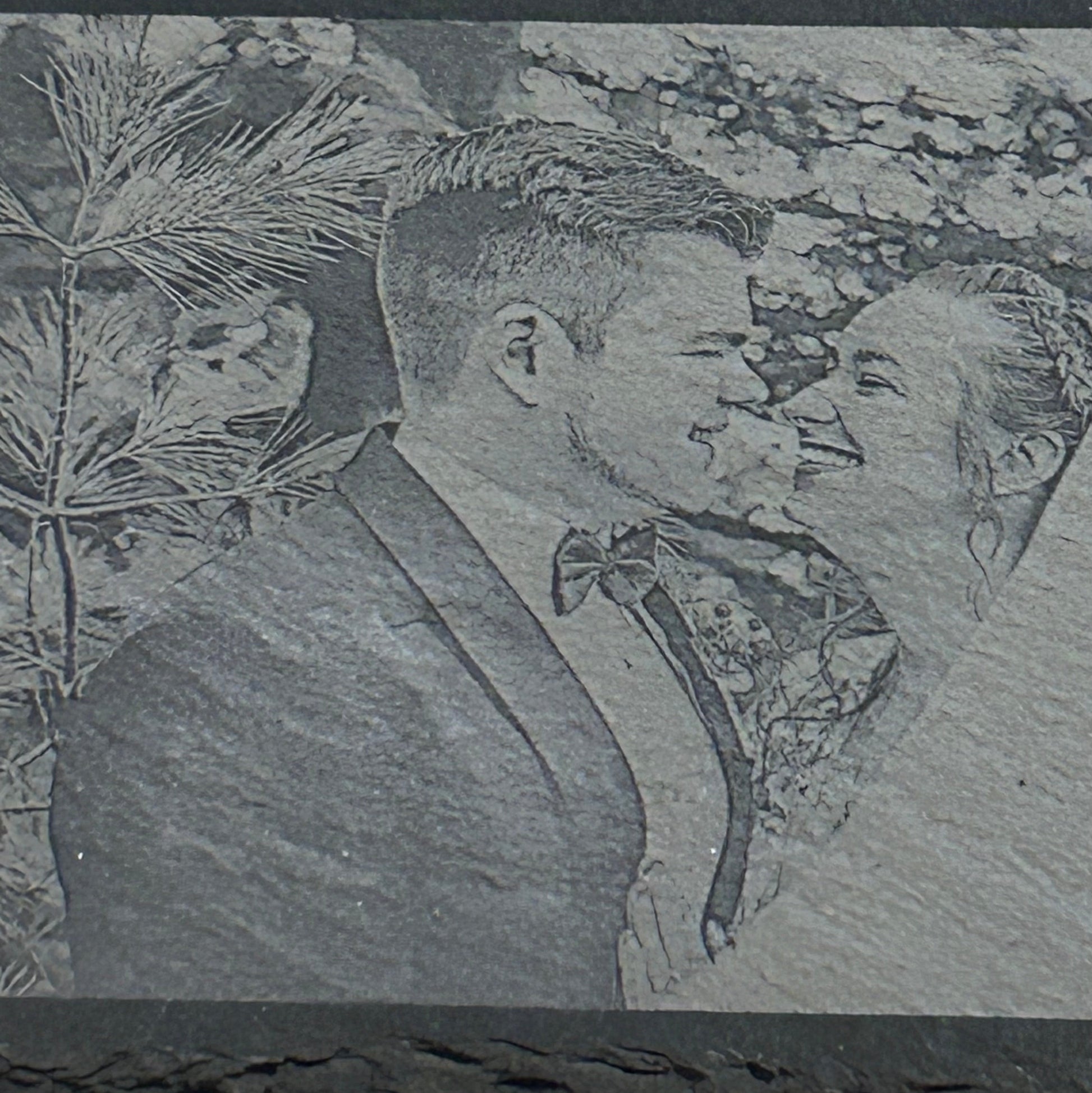 Home Display Wall Art Custom Photo Slate Laser Engraved Natural Stone 12x12 Inch Square Four Picture Collage Personalized Names Dates Anniversary Wedding Gift Family Keepsake Premium Quality Etching Permanent Memorial Unique Present