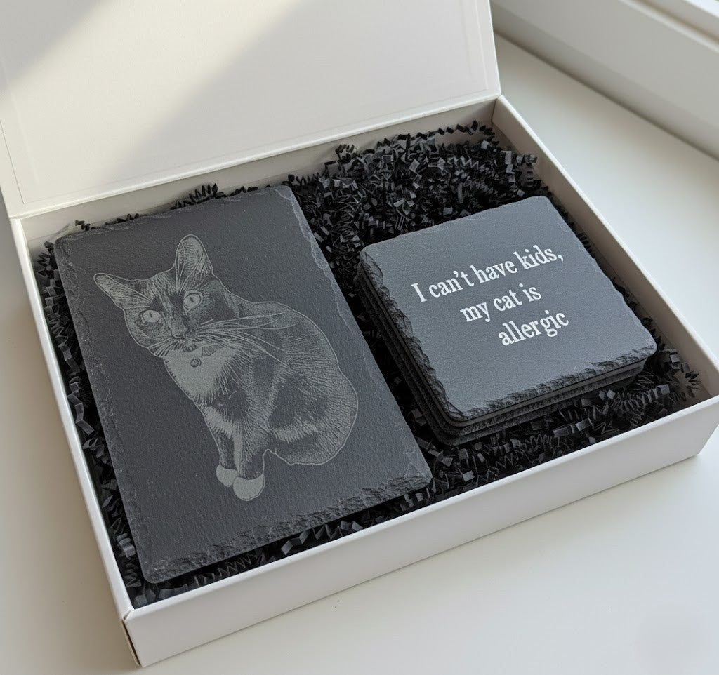 Custom Pet Photo Slate Personalized Dog Gift Engraved Memorial Keepsake Laser Engraved Stone Plaque Six By Nine Inch Display Four Matching Coasters Custom Quote Engraving Perfect Pet Owner Present Cat Lover Birthday Housewarming Gift