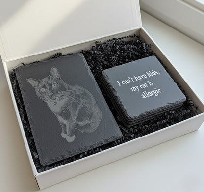Custom Pet Photo Slate Personalized Dog Gift Engraved Memorial Keepsake Laser Engraved Stone Plaque Six By Nine Inch Display Four Matching Coasters Custom Quote Engraving Perfect Pet Owner Present Cat Lover Birthday Housewarming Gift