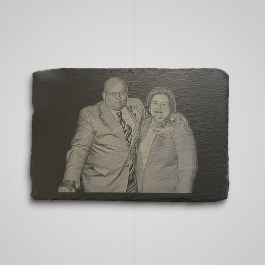 Personalized Slate Stone Custom Engraved Pet Portrait Memorial Handcrafted Natural Stone Keepsake Laser Photo Engraving Service Pet Remembrance Tribute Gift Sympathy Present Loss Memorial Six Nine Inch Display Rustic Edge Stone Genuine