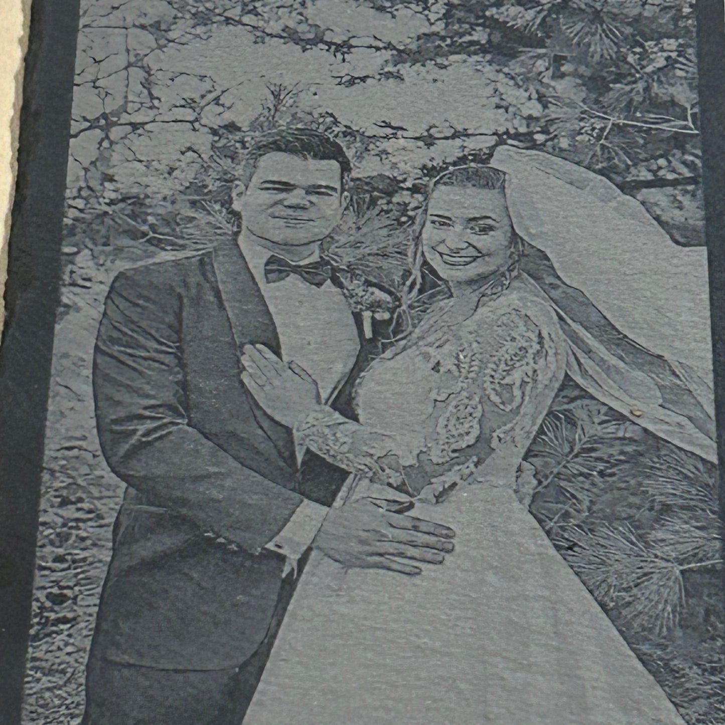 Laser Engraved Photo Collage Custom Stone Slate Premium Quality Natural Material 12x12 Inch Square Personalized Names Dates Four Picture Layout Anniversary Gift Wedding Present Family Keepsake Home Display Permanent Memorial Wall Art Unique