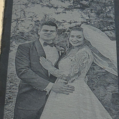 Laser Engraved Photo Collage Custom Stone Slate Premium Quality Natural Material 12x12 Inch Square Personalized Names Dates Four Picture Layout Anniversary Gift Wedding Present Family Keepsake Home Display Permanent Memorial Wall Art Unique