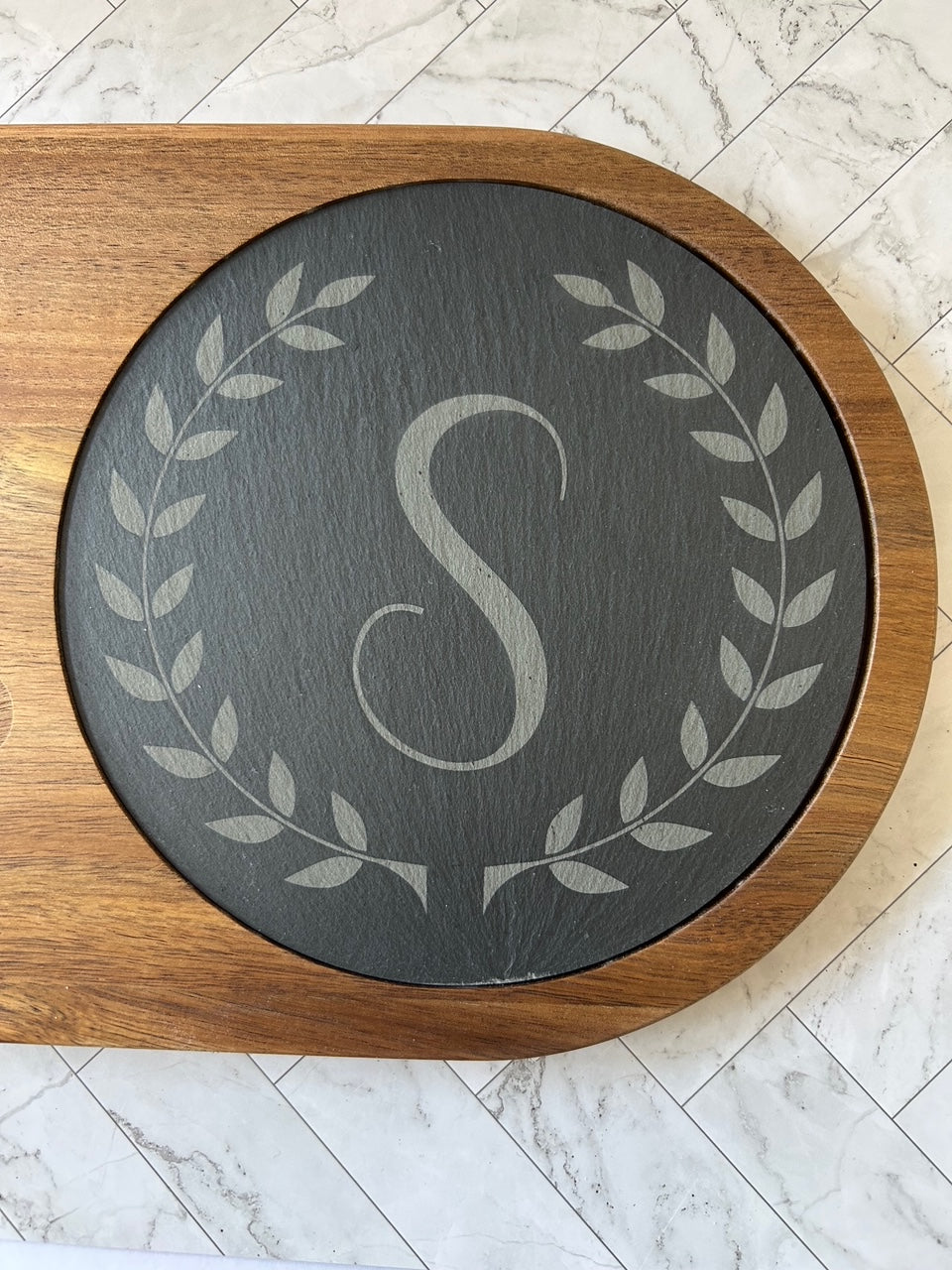 Slate And Wood Cheese Board Natural Stone Serving Surface Custom Engraved Monogram Design Personalized Entertaining Essentials Perfect Party Hostess Gift Wedding Present Includes Serving Utensils Charcuterie Board Set Rustic Farmhouse