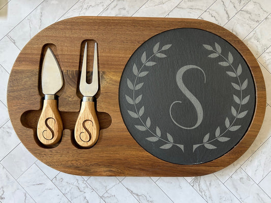Personalized Cheese Board Custom Engraved Monogram Initial Design Slate And Wood Serving Board Perfect Wedding Gift Housewarming Present Entertaining Essentials Party Hostess Gift Set Includes Serving Utensils Charcuterie Display Board