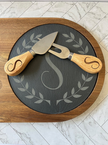 Charcuterie Board Set Personalized Slate And Wood Serving Board Custom Engraved Monogram Design Perfect Entertaining Essentials Party Hostess Gift Includes Serving Utensils Natural Stone Surface Wedding Present Housewarming Gift Rustic