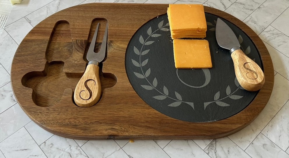 Personalized Cheese Board – Slate and Wood with Engraved Monogram