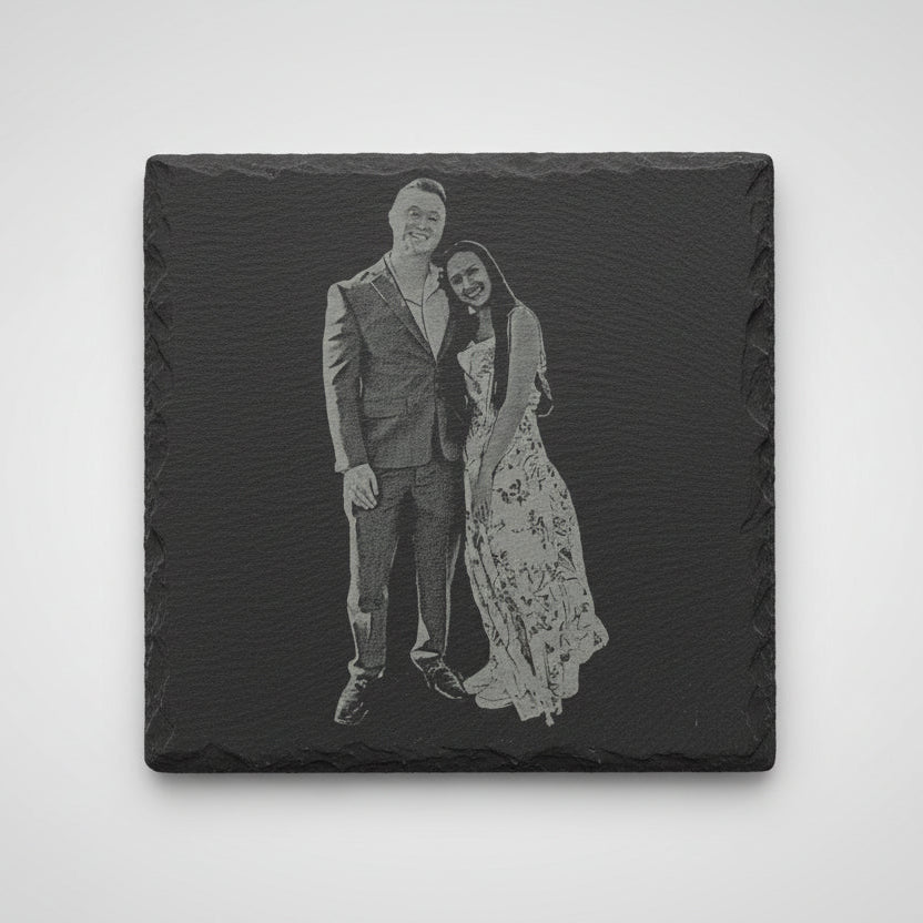 Engraved slate with a couple's portrait