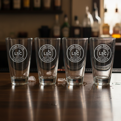 Custom Engraved Glassware Corporate Gift Collection Personalized Pint Glass Professional Presentation Premium Quality Drinkware Pennsylvania Made Beer Glass Set Business Logo Design Custom Message Engraving Precision Laser Etched Executive