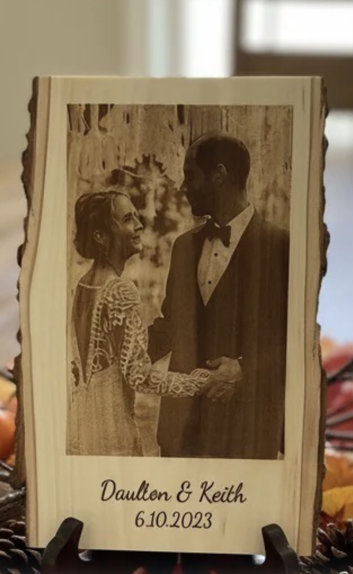 Personalized Wood Photo Plaque Custom Laser Engraved Wedding Picture Display Live Edge Natural Wood Unique Bark Edge Rustic Design Sepia Tone Image Custom Names Date Anniversary Keepsake Heirloom Quality Perfect Wedding Gift Romantic Home