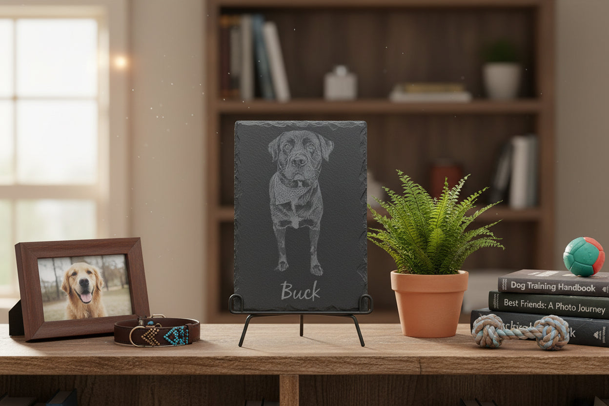 Custom Pet Memorial Stone Engraved Photo Slate Personalized Remembrance Gift Natural Stone Keepsake Laser Engraved Portrait Display Sympathy Gift Pet Loss Tribute Handcrafted Slate Memorial Six By Nine Inch Display Stand Included Rustic