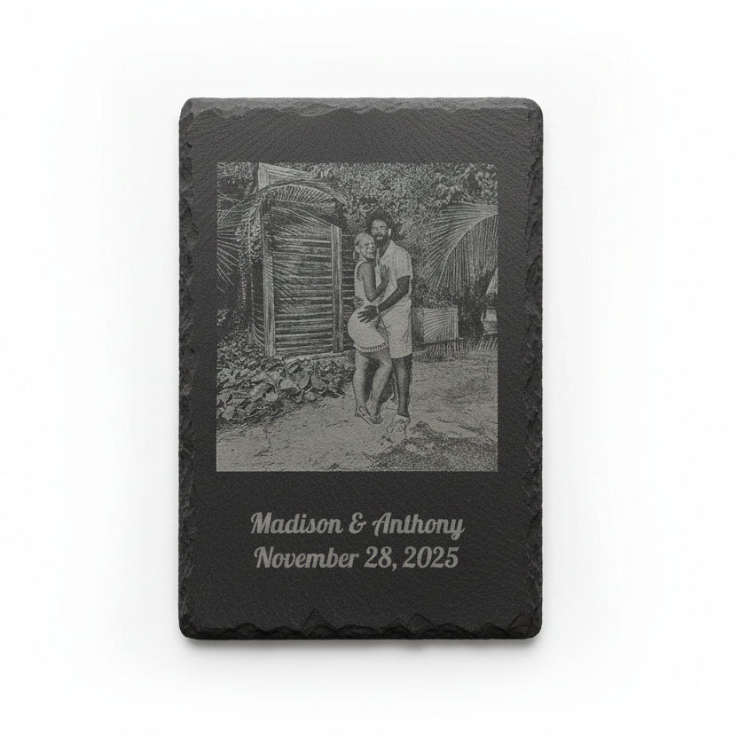 Laser Engraved Pet Portrait Custom Photo Slate Memorial Stone Personalized Remembrance Keepsake Natural Stone Display Handcrafted Memorial Gift Pet Loss Sympathy Present Six Nine Inch Slate Stone Rustic Natural Edge Design Forever Tribute
