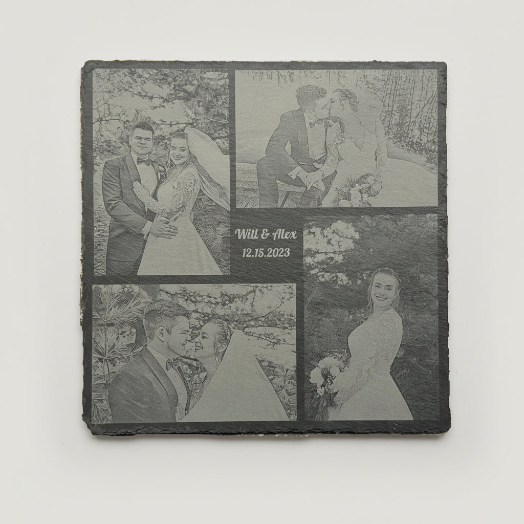 Anniversary Wedding Gift Custom Photo Collage Laser Engraved Natural Stone Slate Personalized Names Dates 12x12 Inch Square Tile Four Picture Layout Premium Quality Etching Family Keepsake Memorial Present Home Display Wall Art Permanent