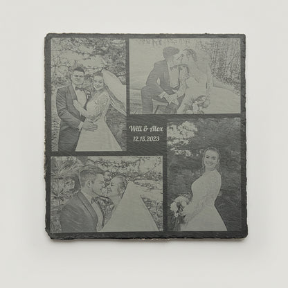 Anniversary Wedding Gift Custom Photo Collage Laser Engraved Natural Stone Slate Personalized Names Dates 12x12 Inch Square Tile Four Picture Layout Premium Quality Etching Family Keepsake Memorial Present Home Display Wall Art Permanent