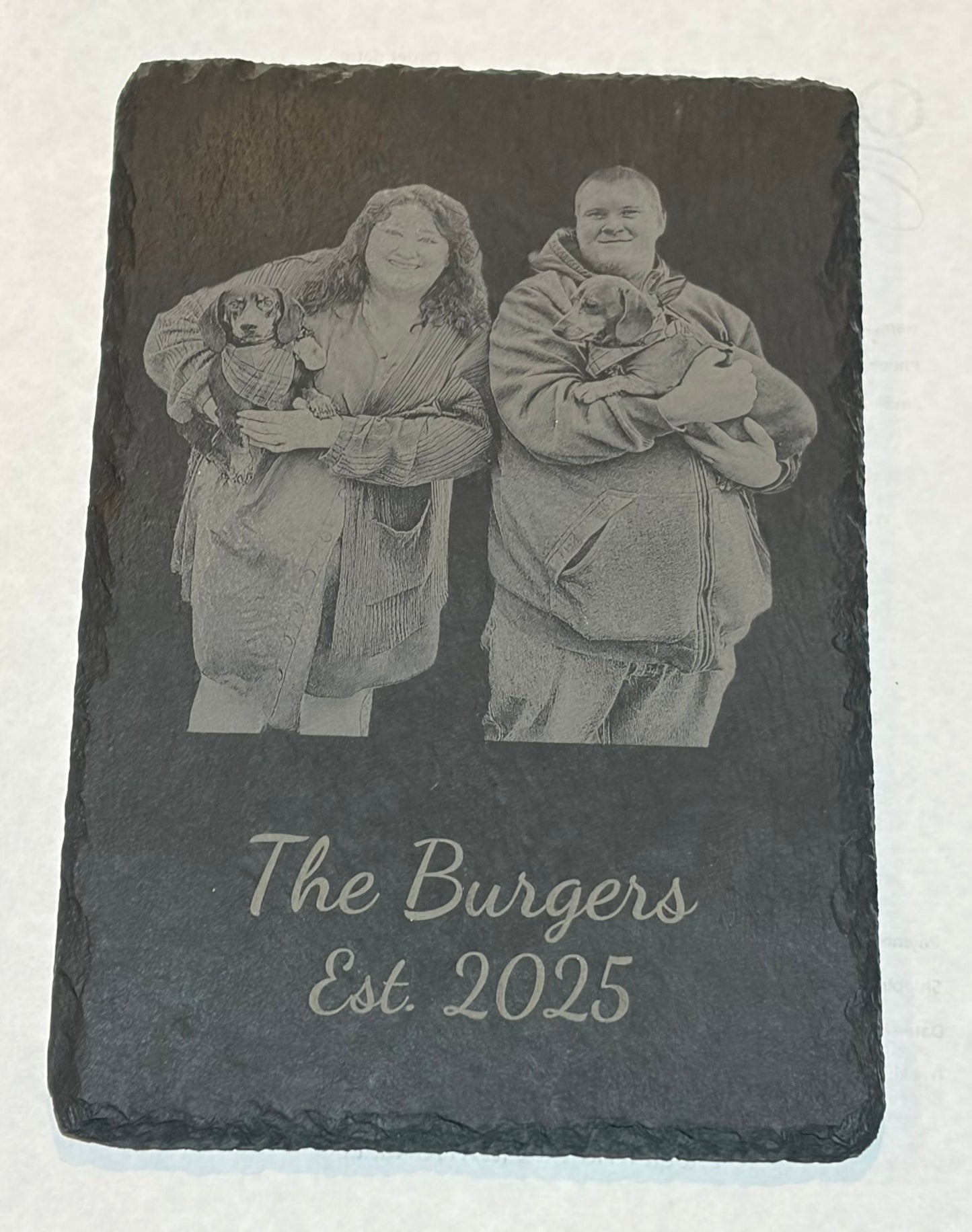 Pet Remembrance Memorial Keepsake Custom Engraved Slate Stone Personalized Photo Portrait Natural Stone Display Laser Engraved Design Handcrafted Memorial Gift Sympathy Present Pet Loss Tribute Six By Nine Inch Rustic Edge Stone Easel Stand