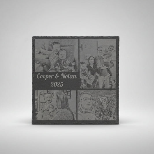 Custom Photo Slate Laser Engraved Personalized Names Dates Four Picture Collage Natural Stone Tile 12x12 Inch Square Anniversary Wedding Gift Family Keepsake Permanent Memorial Home Display Wall Art Premium Quality Etching Unique Present