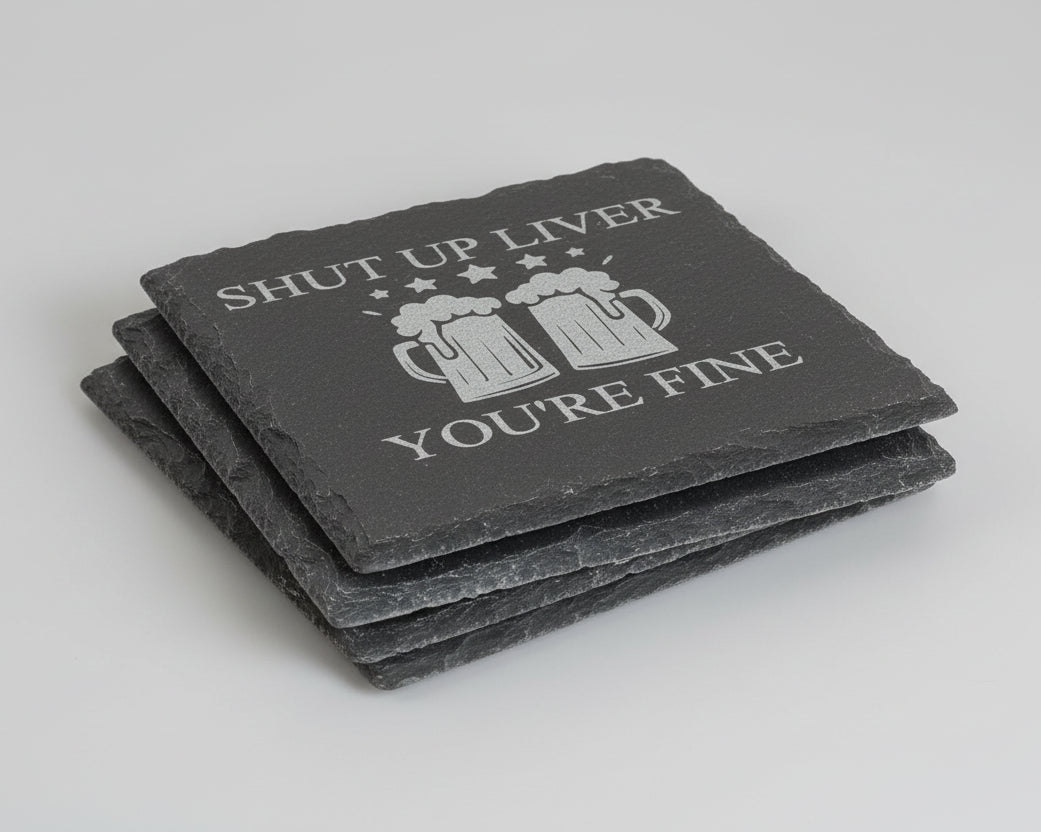 Man Cave Gift Set Laser Engraved Coasters Natural Slate Stone Funny Beer Sayings Sarcastic Humor Quotes Bold Typography Perfect Beer Lover Present Home Bar Accessories Durable Surface Protection Permanent Engraving Square Shape Design Party