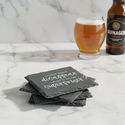 Laser Engraved Slate Coaster Set Natural Stone Construction Funny Beer Sayings Sarcastic Quotes Bold Design Perfect Man Cave Accessories Beer Lover Gift Ideas Home Bar Essentials Durable Surface Protection Permanent Typography No Peeling