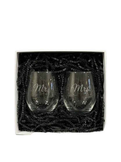 Engraved Wine Glass Set Personalized Wedding Gift Collection Custom Stemless Design Premium Glassware Housewarming Present Perfect Celebration Toast Glasses Elegant Engraving Details Modern Home Bar Essential Sophisticated Keepsake Quality