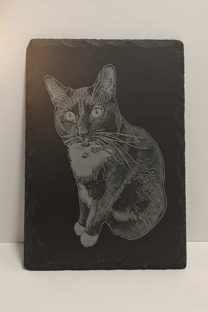 Pet Memorial Keepsake Custom Photo Slate Personalized Dog Gift Engraved Stone Tribute Laser Engraved Plaque Six By Nine Display Four Matching Coasters Custom Saying Engraving Perfect Pet Owner Present Cat Lover Gift Natural Slate Material