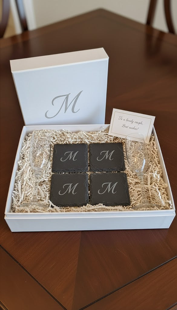 Personalized Champagne Flute Gift Set Engraved Monogram Coasters Wedding Celebration Present Custom Letter Design Laser Engraved Glass Flutes Matching Slate Coaster Collection Perfect Bridal Shower Gift Anniversary Toast Keepsake Elegant