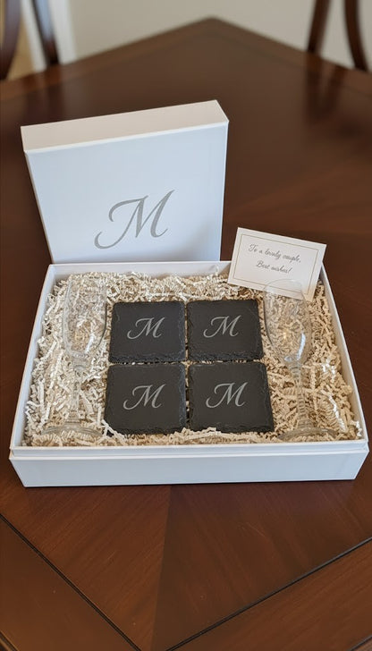 Personalized Champagne Flute Gift Set Engraved Monogram Coasters Wedding Celebration Present Custom Letter Design Laser Engraved Glass Flutes Matching Slate Coaster Collection Perfect Bridal Shower Gift Anniversary Toast Keepsake Elegant
