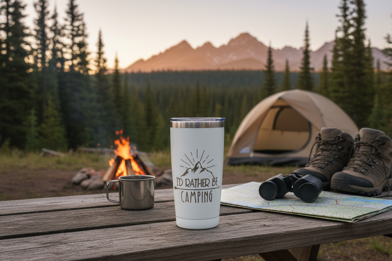 Insulated Stainless Steel Tumbler 20 Oz Custom Engraved Travel Cup Personalized Camping Gift Outdoor Adventure Essential Laser Engraved Mountain Design Temperature Control Construction Perfect Nature Lover Present Daily Beverage Companion