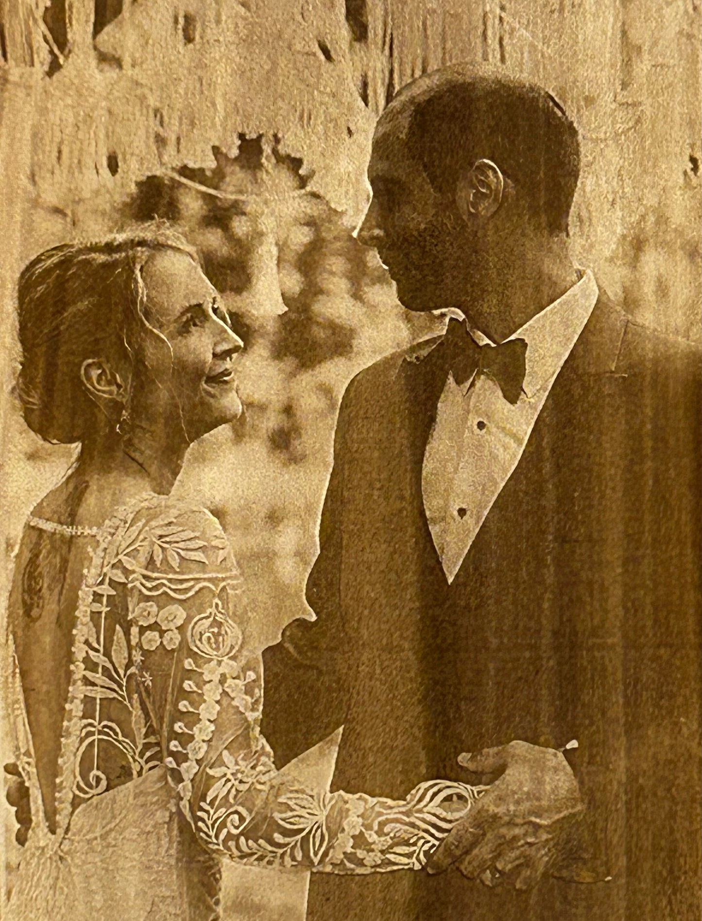 Live Edge Wood Photo Plaque Natural Bark Edge Custom Laser Engraved Wedding Picture Personalized Names Date Rustic Anniversary Keepsake Sepia Tone Image Display Unique Heirloom Quality Farmhouse Style Home Wall Art Perfect Romantic Gift