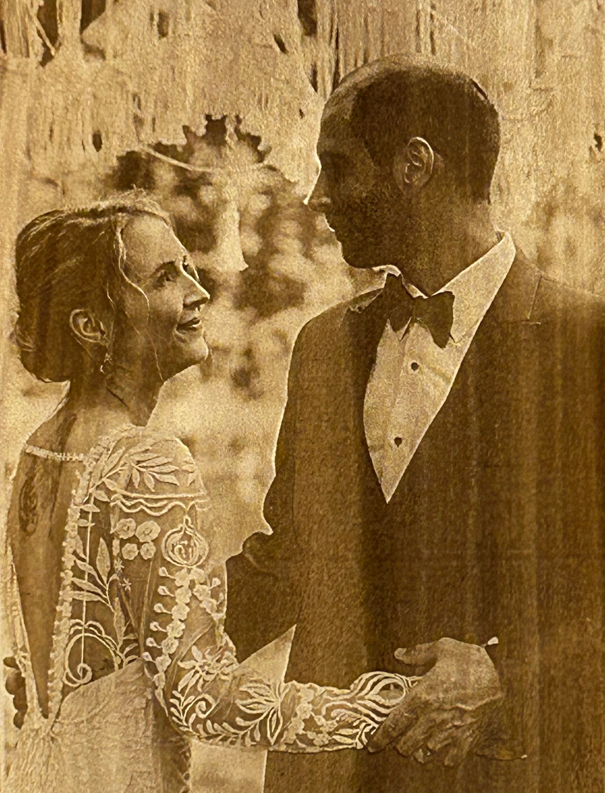 Live Edge Wood Photo Plaque Natural Bark Edge Custom Laser Engraved Wedding Picture Personalized Names Date Rustic Anniversary Keepsake Sepia Tone Image Display Unique Heirloom Quality Farmhouse Style Home Wall Art Perfect Romantic Gift