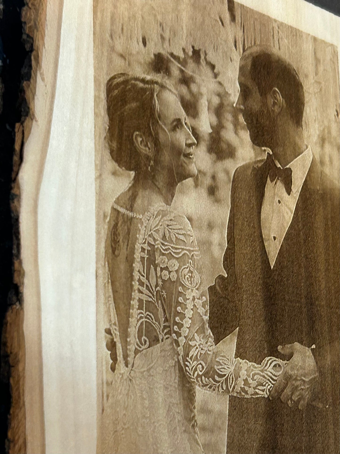 Rustic Photo Plaque Live Edge Wood Personalized Custom Laser Engraved Wedding Picture Natural Bark Edge Farmhouse Style Anniversary Keepsake Custom Names Date Sepia Tone Display Heirloom Quality Romantic Home Wall Art Unique Wedding Gift