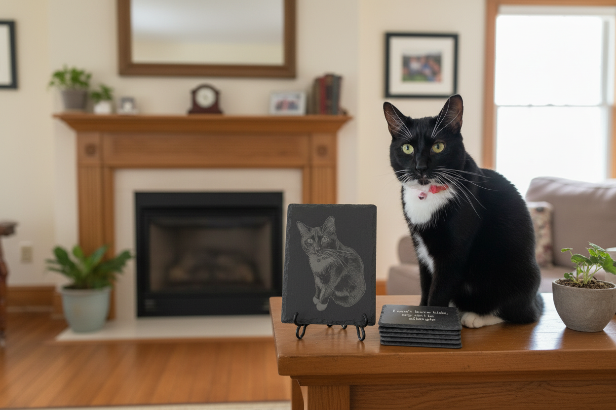 Personalized Pet Lover Gift Custom Dog Photo Engraved Slate Coaster Set Four Piece Collection Six By Nine Memorial Plaque Laser Engraved Keepsake Custom Quote Personalization Gift Box Presentation Perfect Housewarming Present Cat Owner