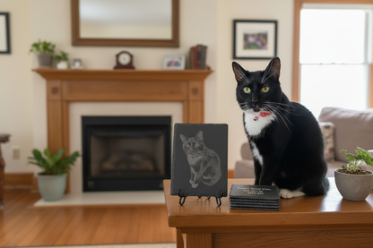 Personalized Pet Lover Gift Custom Dog Photo Engraved Slate Coaster Set Four Piece Collection Six By Nine Memorial Plaque Laser Engraved Keepsake Custom Quote Personalization Gift Box Presentation Perfect Housewarming Present Cat Owner