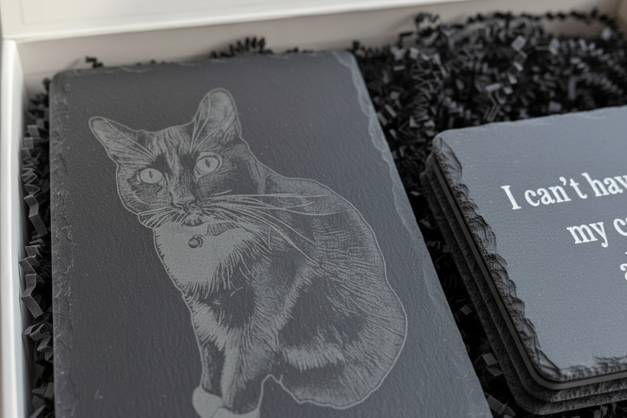 Engraved Slate Memorial Custom Pet Photo Keepsake Personalized Dog Lover Gift Laser Engraved Stone Plaque Six By Nine Inch Display Four Coaster Set Custom Quote Engraving Natural Slate Material Durable Surface Protection Perfect Pet Owner