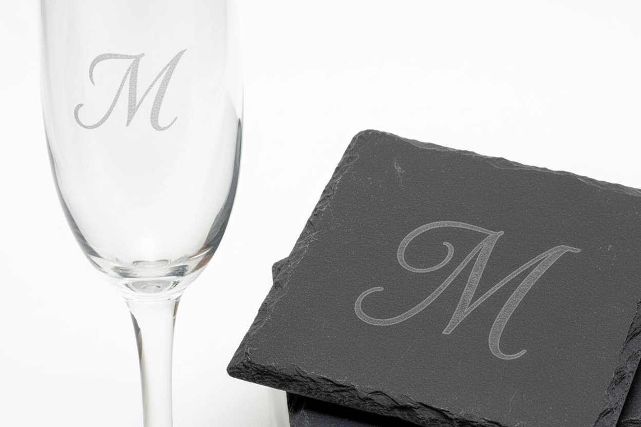 Wedding Gift Set Personalized Champagne Flutes Engraved Monogram Coasters Custom Letter Design Laser Engraved Glass Collection Matching Slate Coaster Set Perfect Bridal Shower Present Anniversary Celebration Keepsake Elegant Toast Essential