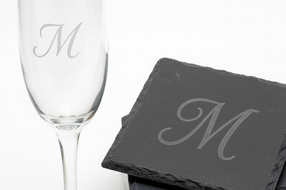 Wedding Gift Set Personalized Champagne Flutes Engraved Monogram Coasters Custom Letter Design Laser Engraved Glass Collection Matching Slate Coaster Set Perfect Bridal Shower Present Anniversary Celebration Keepsake Elegant Toast Essential