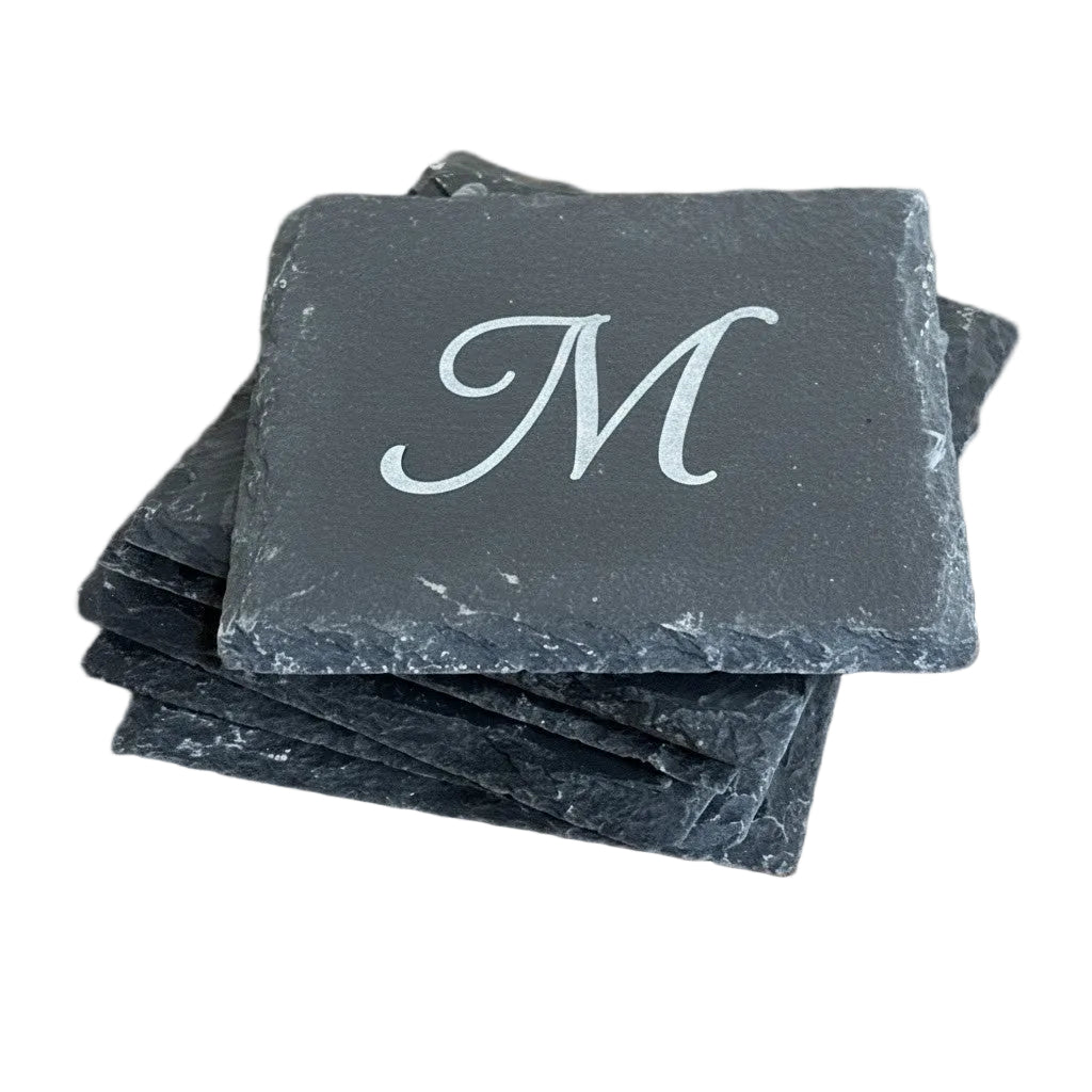 Laser Engraved Gift Set Personalized Champagne Flutes Custom Monogram Coasters Wedding Celebration Present Beautiful Letter Design Matching Slate Coaster Collection Perfect Bridal Shower Gift Anniversary Toast Keepsake Elegant Milestone