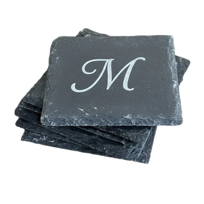 Laser Engraved Gift Set Personalized Champagne Flutes Custom Monogram Coasters Wedding Celebration Present Beautiful Letter Design Matching Slate Coaster Collection Perfect Bridal Shower Gift Anniversary Toast Keepsake Elegant Milestone
