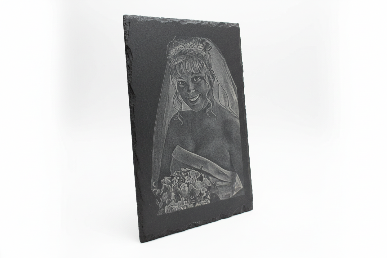 Side-front view of engraved slate