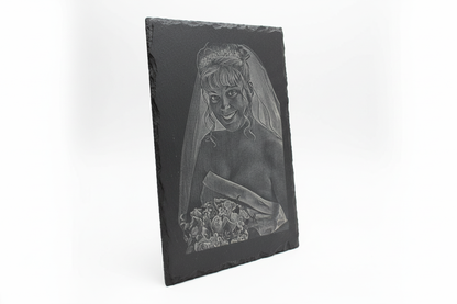 Side-front view of engraved slate