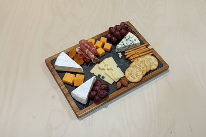 Rustic Serving Platter Natural Slate Cheese Board Wood Frame Border Charcuterie Board Premium Quality Stone Surface Solid Construction Entertaining Essential Wine Pairing Display Party Hosting Appetizer Platter Holiday Gathering Board