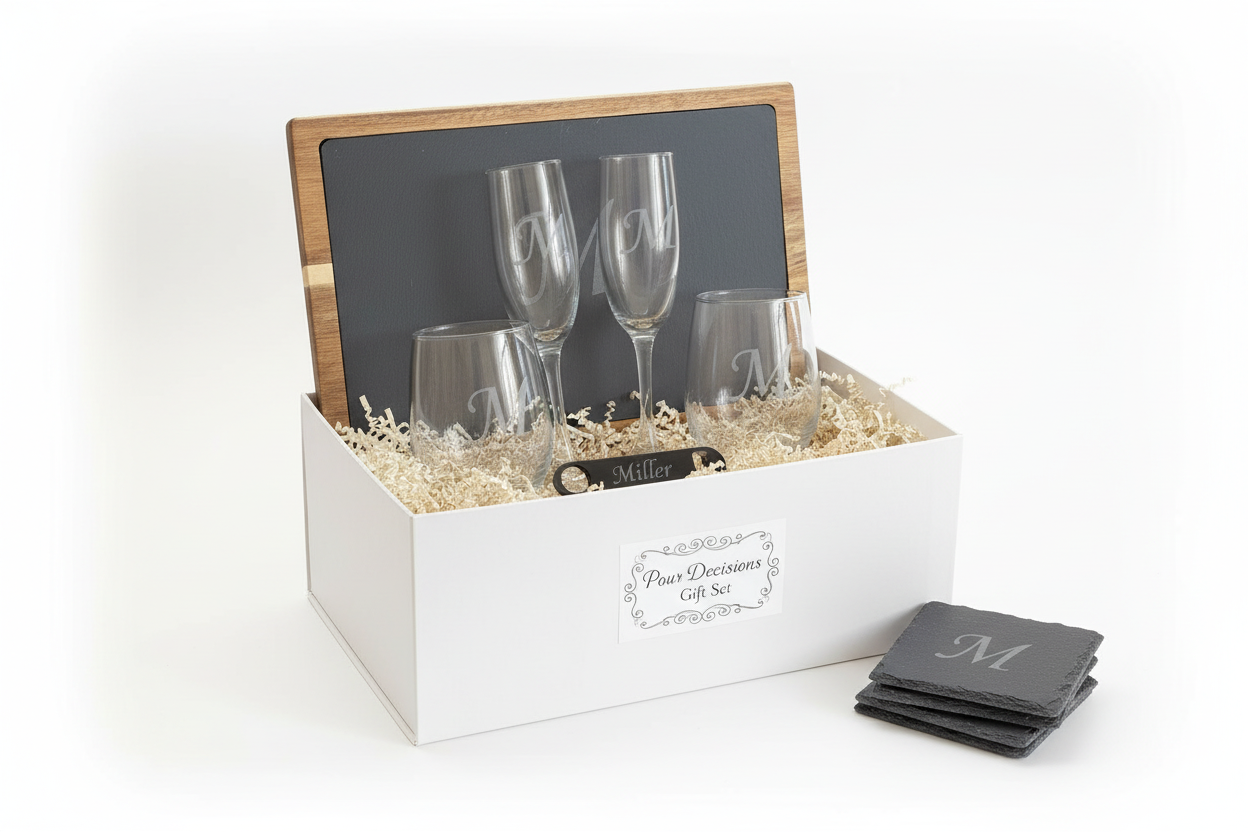 Personalized Wine Gift Basket Custom Monogram Engraved Set Laser Etched Details Perfect Wedding Present Anniversary Celebration Hostess Gift Collection Elegant Drinkware Accessories Premium Quality Construction Beautiful Presentation Box